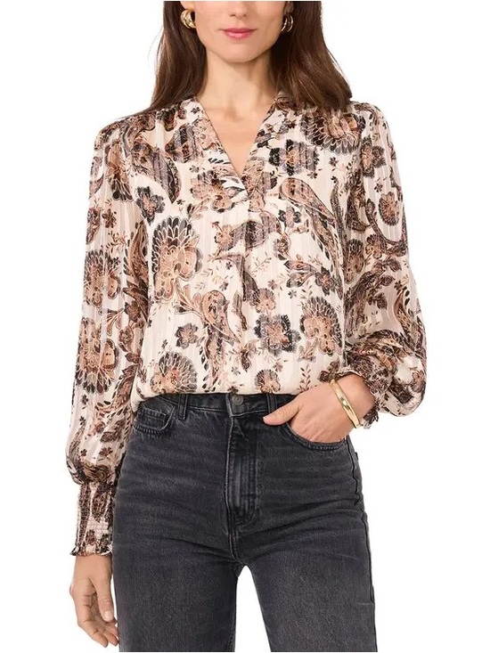 Vince Camuto Tops - Vince Camuto Beige Floral Paisley Metallic Blouse Smocked Cuff M